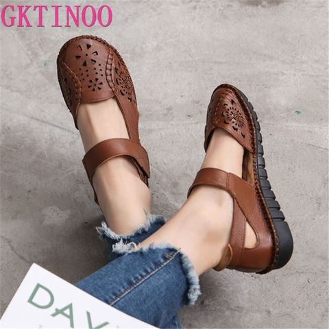 GKTINOO Hollow Genuine Leather Breathable Soft Flat Sandals Summer Women Shoes Woman Casual Solid Buckle Strap Ladies Sandals ► Photo 1/6