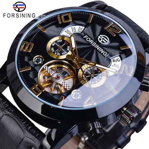 Forsining Tourbillion Fashion Wave Black Golden Clock Multi Function Display Mens Automatic Mechanical Watches Top Brand Luxury ► Photo 1/6