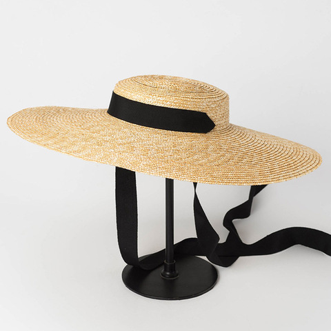 Wide Brim Boater Hat 19cm 15cm 10cm Brim Straw Hat Flat Women Summer Kentucky Derby Hat White Black Ribbon Tie Sun Hat Beach Cap ► Photo 1/6