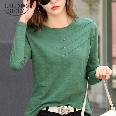 Fashion O-neck Long Sleeve Shirt Women Plus Size Cotton T-shirt Autumn Solid Loose All-match Office Lady Korean Clothes 10800 ► Photo 1/5