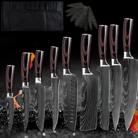 7cr17 Stainless Steel Kitchen Knives Set 12 Pockets Roll Bag Gift Knife Sheath Boning Chef Laser Damascus Pattern Cutlery Knife ► Photo 1/6