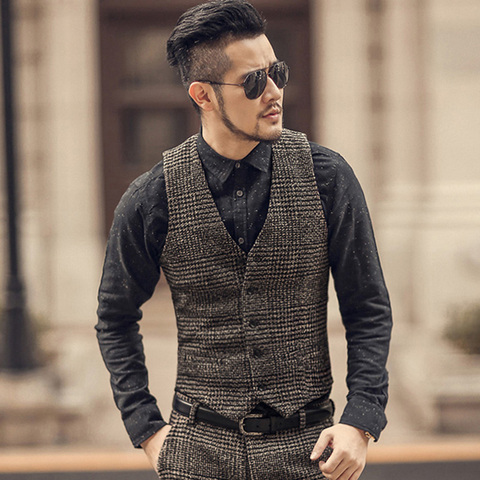 2022 Winter Men’s Vest Woolen Casual Plaid European Style Waistcoat Slim Fashion Groomsmen CoatFor Wedding ► Photo 1/6