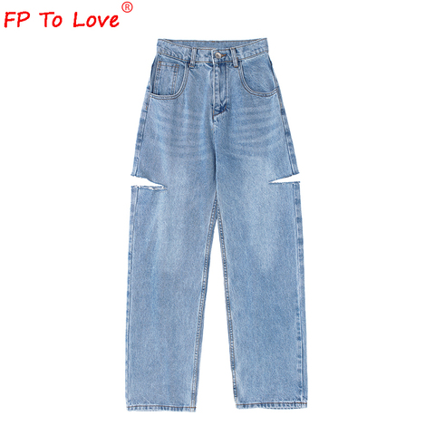 FP To Love Woman Design Jeans 2022 Spring Autumn Street Style Ripped Cut Full Length High Waist Light Blue Zipper Wide Leg Pants ► Photo 1/6