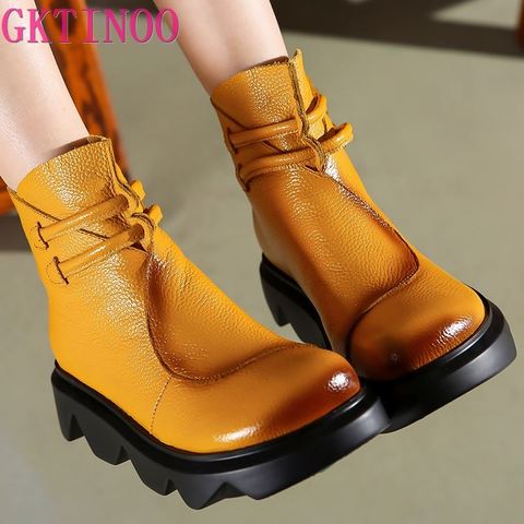 GKTINOO Comfortable Genuine Leather Women's Boots Thick-soled Platform Wedge Heel Short Boots Casual Retro Boot Shoes Round Toe ► Photo 1/6