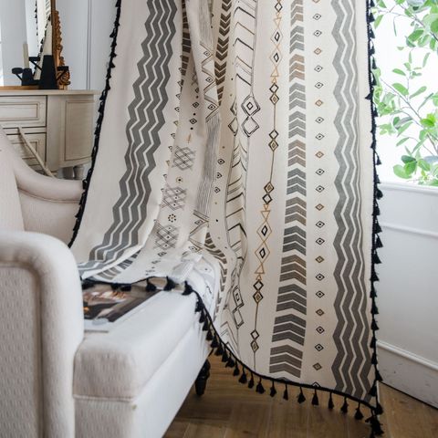 Linen Printed American Tassel Bohemian Style Kitchen Curtain Country Style Window Living Room ► Photo 1/6