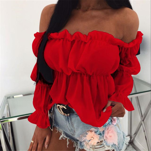 Hirigin 2022 Elegant Women Off Shoulder Chiffon Blouse Fashion Solid Color Pleated Sexy Shirt New Office Street Tops and Blouses ► Photo 1/6