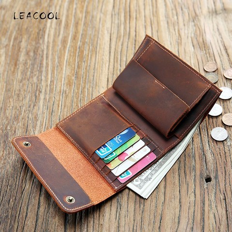LEACOOL Genuine Leather Wallet Women Men Vintage Handmade Short Small Bifold Wallets Card Holder Purse With Coin Pocket ► Photo 1/6