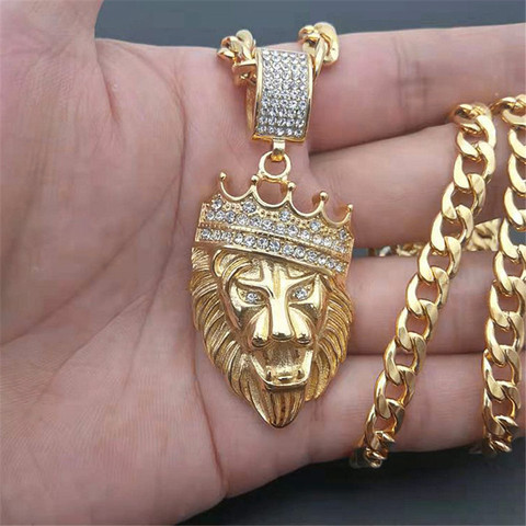 Stainless Steel Lion Head Pendant Iced Out Bling Crown Gold Color Animal Necklace for Men/Women Hip Hop Jewelry Dropshipping ► Photo 1/1