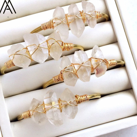 Natural Stone Open Bangle Jewelry Women Gold Color Wire Wrap Irregular White Crystal Quartz Cuff Bangles Bracelets BG001AMAB ► Photo 1/5