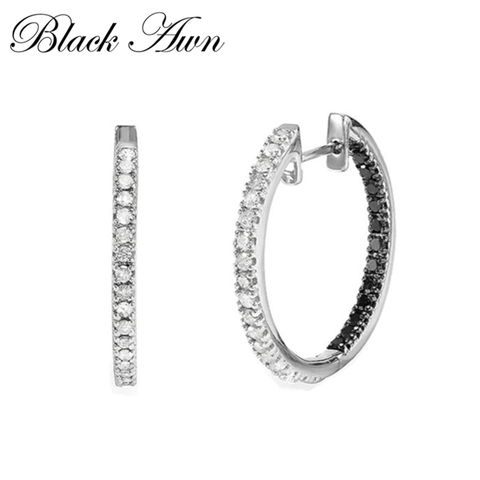 Black Awn 2022 New Classic 925 Sterling Silver Round Black Trendy Spinel Engagement Hoop Earrings for Women Fine Jewelry I189 ► Photo 1/6