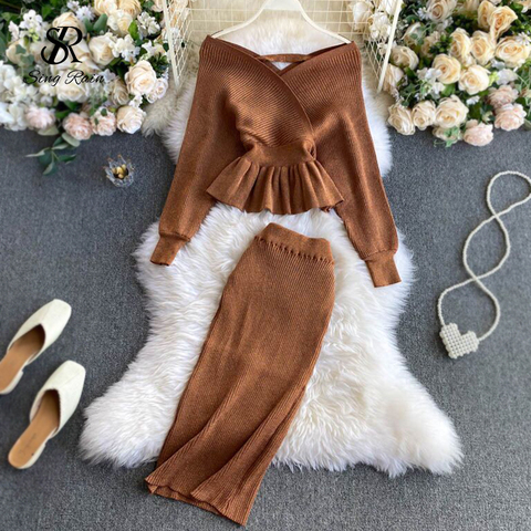 SINGRAIN Autumn Women Shiny Knitting Skirts Sets Lurex Ruffles Long Sleeves Wool Warm Sweater knitted Two Pieces Set Women ► Photo 1/6