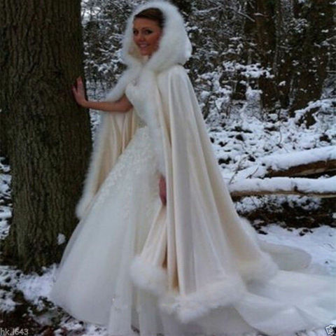 Ivory Faux Fur Wedding Coat jacket Champagne Bridal Capes Modern Bride Cloak With Hood ► Photo 1/6