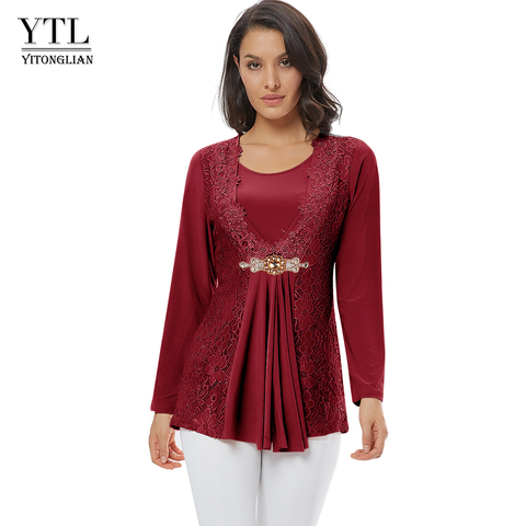 YTL Plus Size Women Blouse Elegant Diamond Lace Tunic Top Casual Vintage Tops Long Sleeve Shirt Red Black XXL XXXL 4XL 8XL H025 ► Photo 1/6