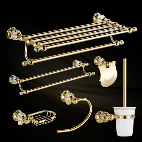 European Bathroom Accessories Set Shiny Gold Crystal Towel Rack Metal Toothpaste Holder Wall Hanging Swivel  Towel Bar ► Photo 1/6