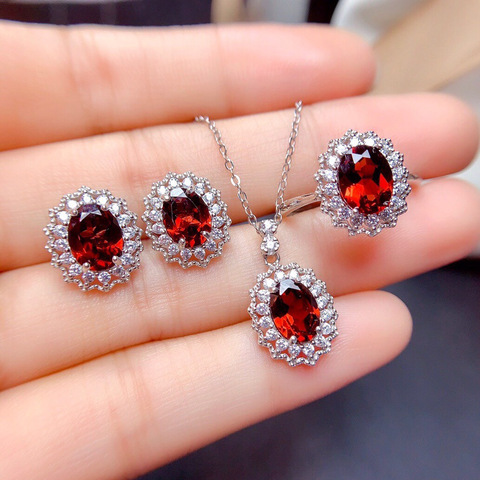 MOONROCY Rose Gold Color CZ Crystal Red Crystal Earring and Ring Necklace Wedding Jewelry Set Flower for Women Gift Dropshipping ► Photo 1/6