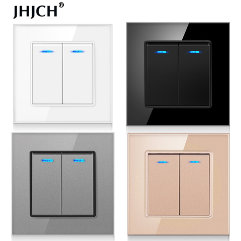 Jhjch Crystal Glass Panel 2 Gang 2 Way Pass Through On / Off Light Switch Stair Wall Switch Switched With LED Indicator 16A ► Photo 1/6