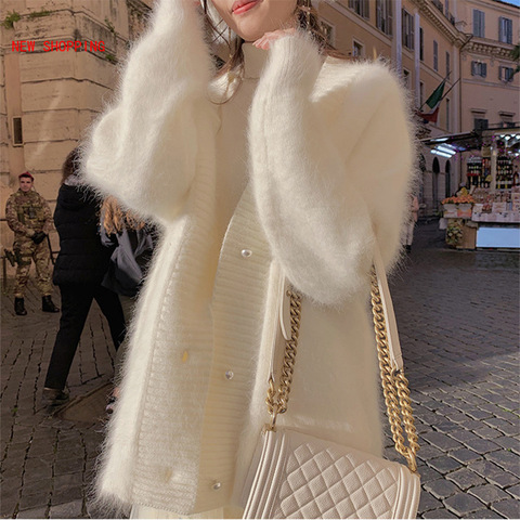 White Mohair Sweaters Chic Cardigan Women 2022 Winter Hairy Soft Solid Woman Sweater Coat V Neck Cardigan Female Jacket Outwear ► Photo 1/1