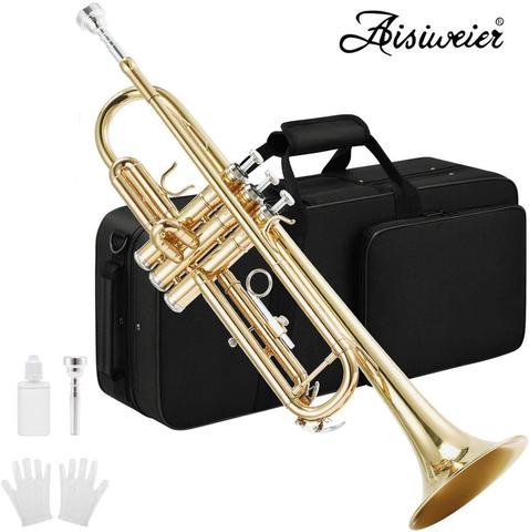 Aisiweier Gold Trumpet Brass ATR-380 Standard Bb Trumpet Set For Student Beginner With Hard Case,Gloves, 7 C Mouthpiece, ► Photo 1/6