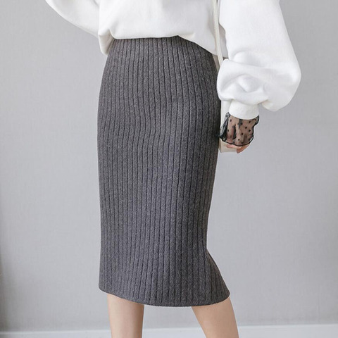 Elegant Midi Knitted Skirts Women 2022 Autumn Winter Ladies Korean High Waist Pencil Skirt Black Warm Long Skirt Jupe Femme ► Photo 1/6