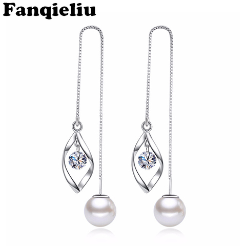 Fanqieliu Shinning Pure 925 Sterling Silver Long Ear Line Zircon Drop Earrings Female Pearl Dangle Earrings For Women FQL193263 ► Photo 1/6