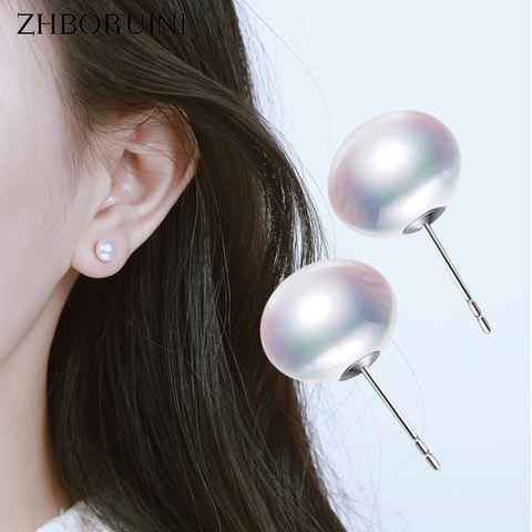 ZHBORUINI Pearl Earrings 925 Sterling Silver Jewelry For Women 7-10mm Oblate Stud Earring Natural Freshwater Pearl Jewelry Gift ► Photo 1/6