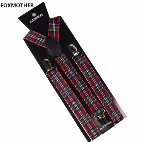 FOXMOTHER Mens Women Suspenders Red Plaids Clips On Y-Back Braces Elastic ► Photo 1/6