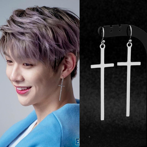 New Korea Boys Stainless Steel Stud Earring Big Long Crosses Pendant Grunge Punk Ear Clip for Girls Women Men Party Gifts ► Photo 1/6