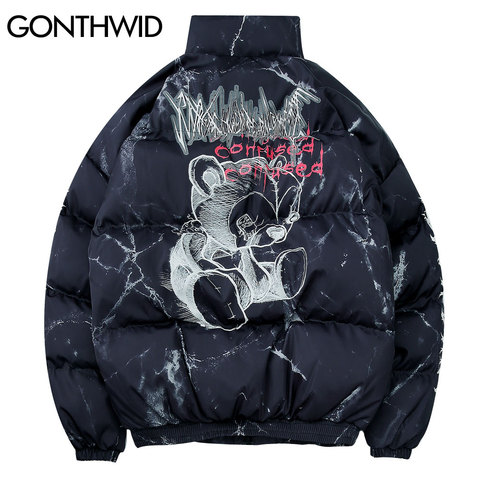 GONTHWID Cotton Padded Thick Parkas Jackets Streetwear Hip Hop Graffiti Bear Print Zipper Winter Coats Mens Fashion Casual Tops ► Photo 1/6