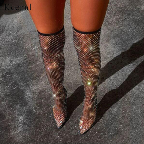 Kcenid Ladies long boots bling crystal thigh high boots women sexy pointed toe stiletto heels over the knee sock shoes women ► Photo 1/6