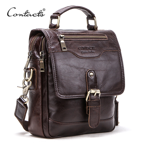 CONTACT'S Genuine Leather Men Message Bags for 7.9in iPad Vintage Travel Handbag Zipper Metal Buckle Business Male Shoulder Bag ► Photo 1/6