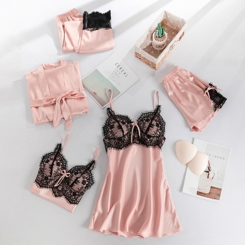 Women 5PCS Robe Set Satin Sleepwear Lace Kimono Bathrobe Gown Sexy Nightwear Home Clothes Silky Bride Bridesmaid Dressing ► Photo 1/6