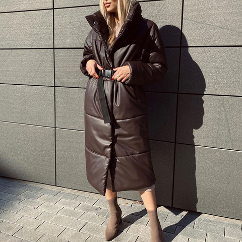 Winter Warm Leather Parkas Women Fashion Straight Loose Pockets Coats Women Elegant Long Cotton Jackets Female Ladies ► Photo 1/6