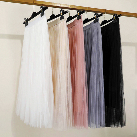 Lucyever Korean Women Tulle Skirt Fashion Mesh White A Line Ladies Pleated Skirt Summer Chic High Waist Black Party Faldas 2022 ► Photo 1/6