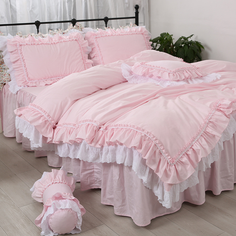 Amazing luxury bedding set pink queen size embroidery ruffle lace double duvet cover bedskirt princess Warm pillow case HM-17P ► Photo 1/4