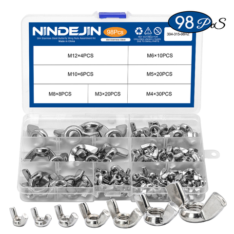 NINDEJIN 98pcs Wing Nut assortment kit M3 M4 M5 M6 M8 M10 M12 Stainless Steel Wingnuts butterfly nuts for drum bicycle DIN315 ► Photo 1/5