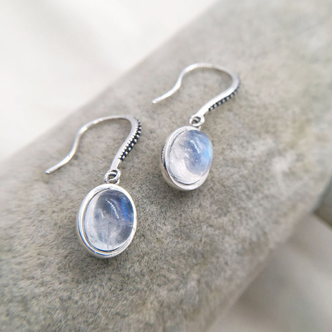 Vintage 925 Sterling Silver set Oval Natrual Moonstones Drop Dangle Hook Earrings For Women Girls Jewelry Orecchini Aros Aretes ► Photo 1/6