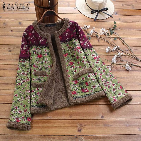 ZANZEA Plus Size Women Coats Vintage Floral Printed Long Sleeve Outwear Winter Open Front Plush Fluffy Jackets Autumn Chaqueta ► Photo 1/6