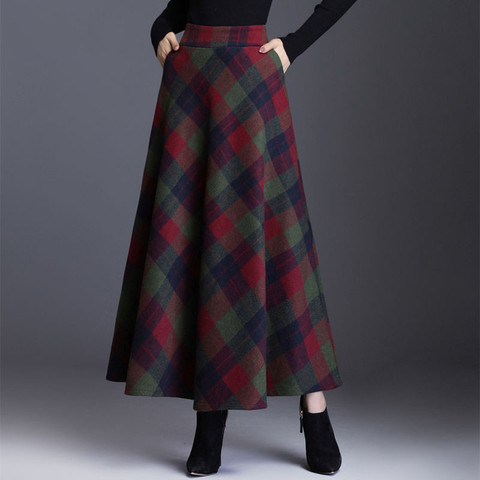 Plaid Tall Waist Long Skirts For Women Autumn Winter Elegant Korean Fashion Maxi Skirt Mom Plus Size 3xlcasual  Loose Wool Skirt ► Photo 1/5