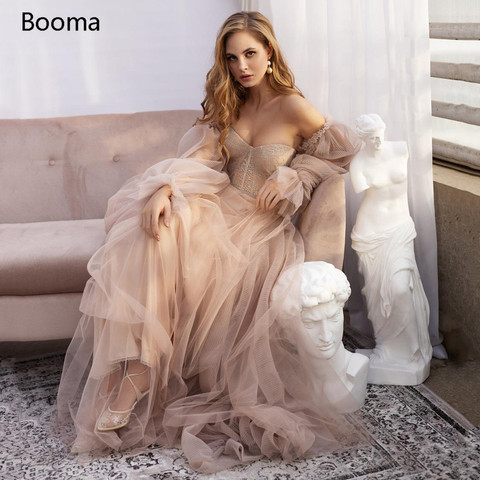 Sweet Dusty Pink Prom Dresses 2022 Off Shoulder Long Sleeves Princess Party Dresses Crumpled Tulle A-Line Formal Evening Gowns ► Photo 1/6