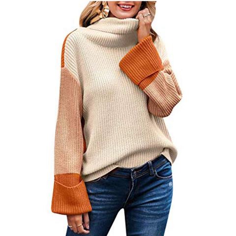 Turtleneck Pullover Sweater Women Color Block Casual Long Sleeve Warm Knitted Pullover Tops Loose Chunky Knit Sweater Jumper ► Photo 1/6
