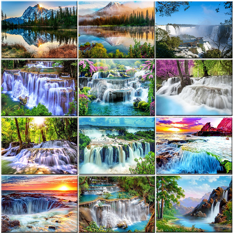 Gatyztory Diy Painting By Numbers Landscape Waterfall Coloring By Numbers Handpainted Acrylic Canvas Paint Diy Arts ► Photo 1/6