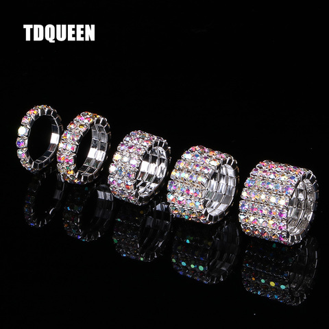 TDQUEEN 1-5 Rows AB Crystal Stone Rings Silver Plated Bridal Wedding Rhinestone Elastic Stretch Rings for Women ► Photo 1/6