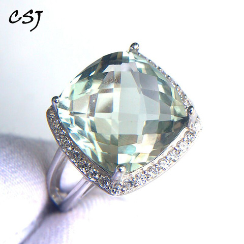 CSJ Elegant green amethyst ring cushion cut12mm gemstone rings sterling 925 silver fine jewelry for women girl with gift box ► Photo 1/6