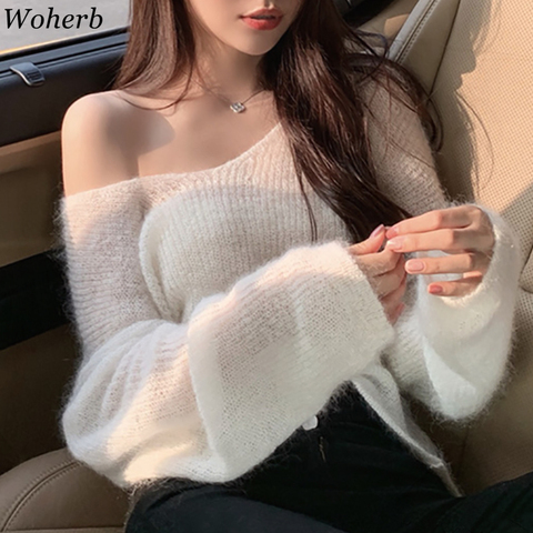 Woherb 2022 New Chic Mohair Thin Hollow Out Tops Women Capes Pullover Vintage Summer Jumper Femme Korean Crop Knitwear ► Photo 1/6
