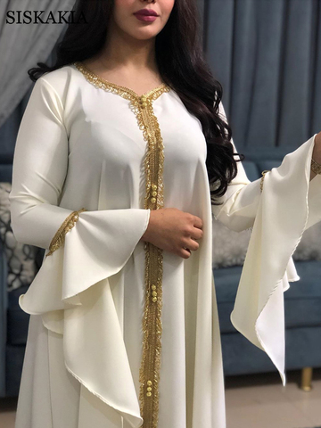 Siskakia Jalabiya Kaftan Dress For Women Dubai Turkey Golden Ribbon Embroidery Loose Muslim Arabic Islamic Clothing White 2022 ► Photo 1/6