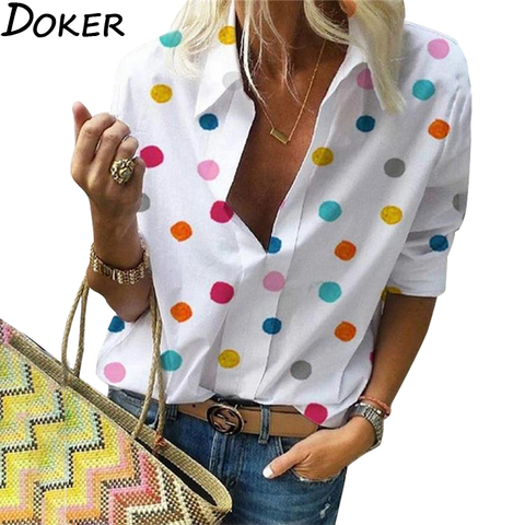 2022 New  Polka Dot  Blouse Women  Turn Down Collar Long Sleeve  Shirts  Plus Size  Clothes  Streetwear White Blouse  Women Xxl ► Photo 1/6