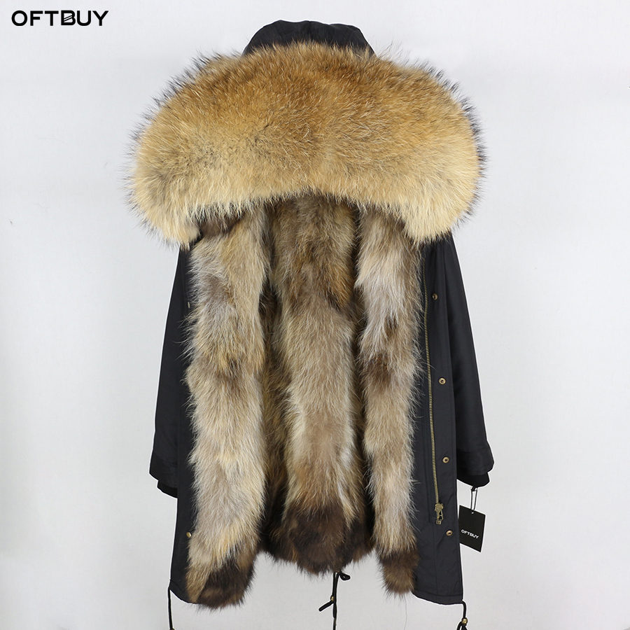 Womens Real Raccoon Fur Parka Detachable Fur Liner Hood Fur Coat