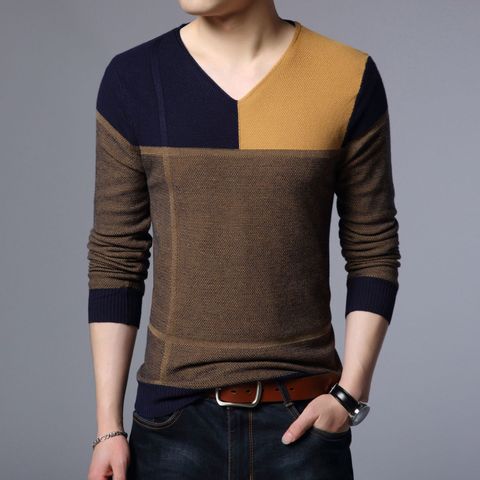 New Men Pullover Fashion V Neck Spring Autumn Slim Fit  Knit Patchwork Striped Male Sweater Casual Jumpers Outwear Full Sweater ► Photo 1/6