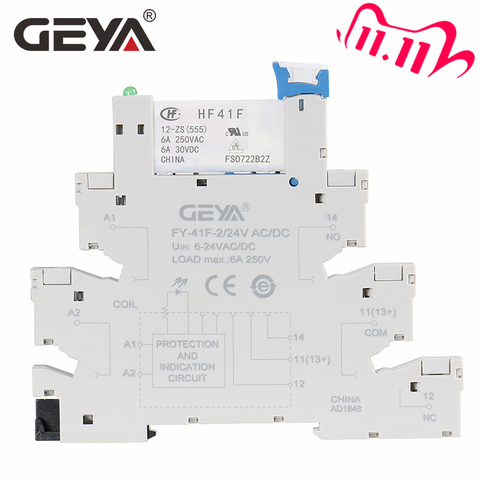 GEYA Slim Relay Module Protection Circuit 6A Relay 12VDC/AC or 24VDC/AC Relay Socket 6.2mm thickness ► Photo 1/6