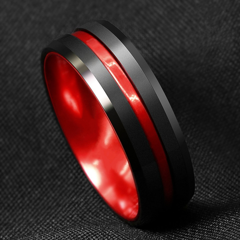 FDLK   8mm Black Carbide Stainless Steel Thin Red Line Wedding Band Ring Men's Jewelry ► Photo 1/3